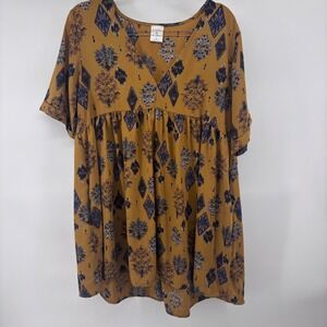By Together Medium Mustard Brown Blue Diamond Print Babydoll Mini‎ Dress